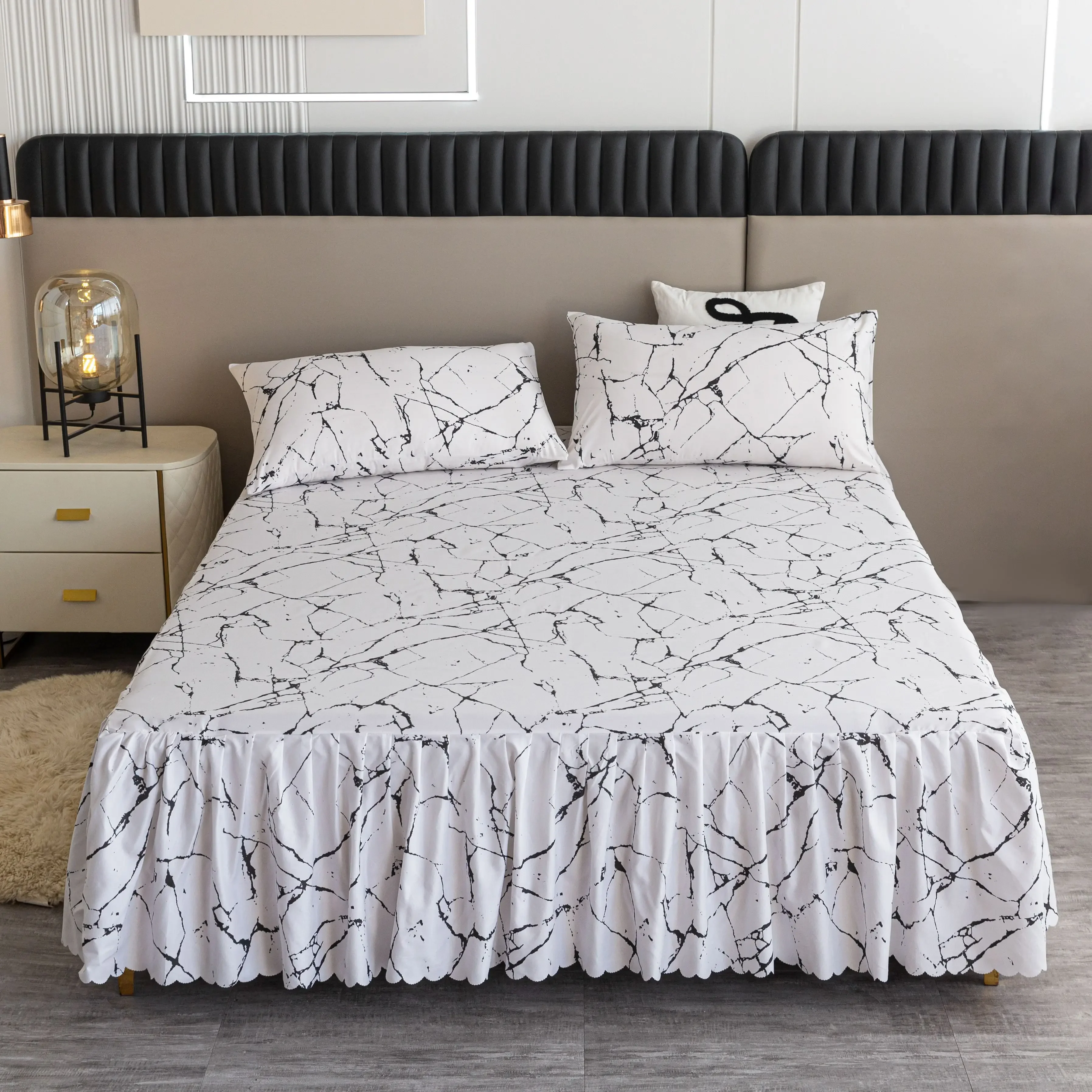 White Marble Printed Bed Skirt Set All Seasons Universal Non-slip Wrap Around Pleated Bedding Set, Modern Abstract Bedroom Decor