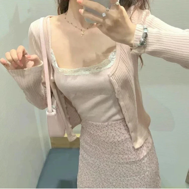 Elegante Frauen rosa einreihige Strickjacke Herbst süße Damen solide O-Ausschnitt Pullover weibliche schicke Langarm Tops