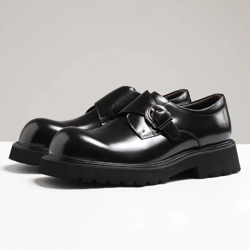 Top-layer Cowhide Leather Loafers High Quality Sheepskin Lining Anti-slip Thick-sole Buckle Leather Shoes For Men