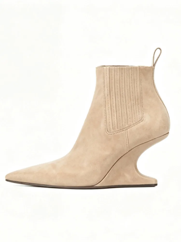 2026Autumn and winter pointed shaped high heels women's short boots fashionable black wedge heel women's ankle boots