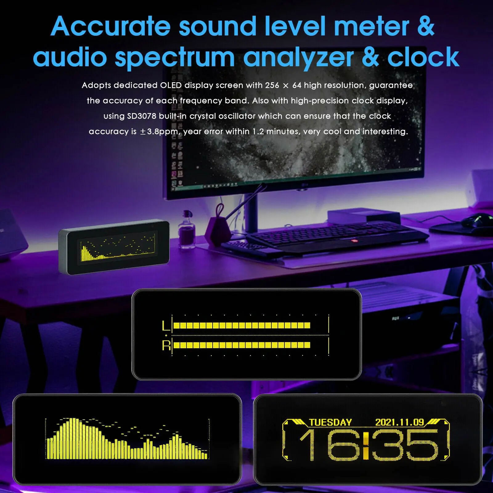 Hi-end OLED Sound Level Meter Audio Spectrum Analyzer Digital Home Decor Clock