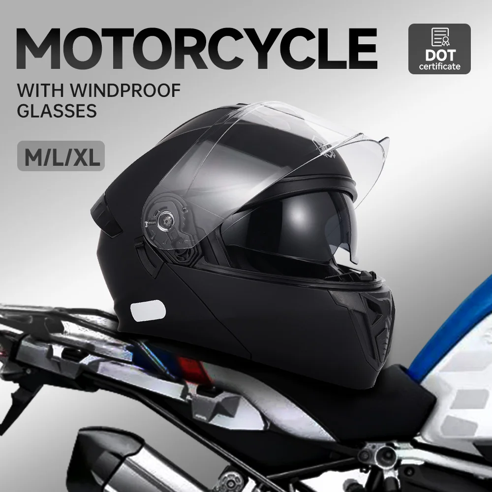 

Black Modular Motorcycle Helmet DOT Approved with Dual Protective Lens and Built in Sun Shield for Riding