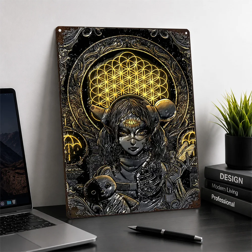 Woman With Teddy Bear Textured Metal Poster Gothic Wall Art For Gaming Room Personalized Aluminum Sign Fantasy Fan Gift Idea