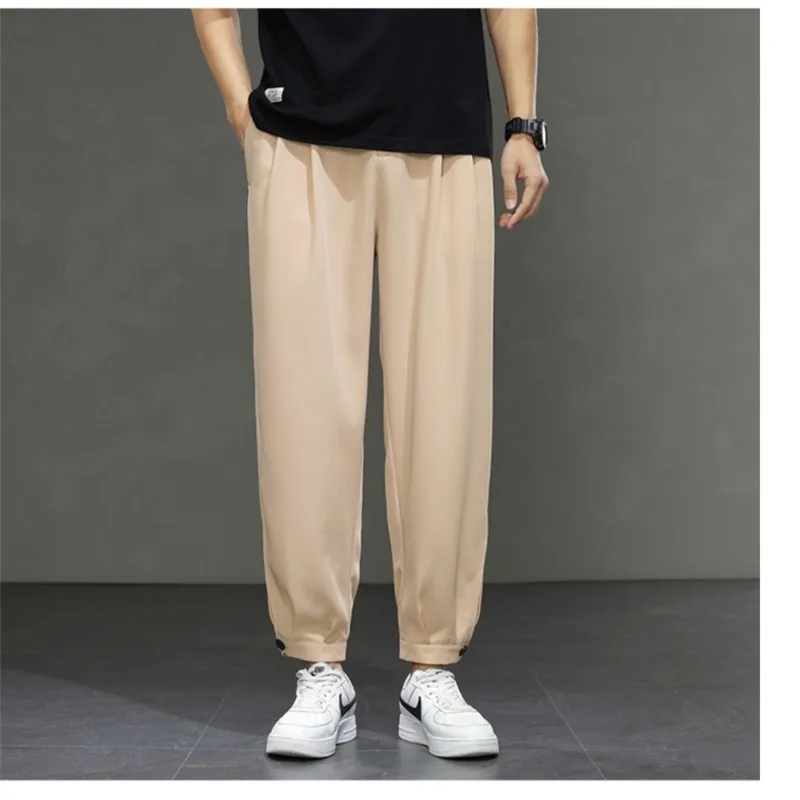 Summer Men's 2024 New Spliced Button Zipper Pocket Fashion Solid Color Loose Folds Comfortable and Versatile Strap Suit Pants