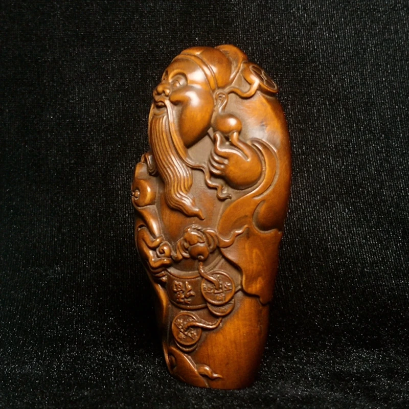 YIZHU CULTUER ART Size 3.3 Inch Old Chinese boxwood hand carved exorcism Zhong Kui bat statue coin netsuke decorated collection