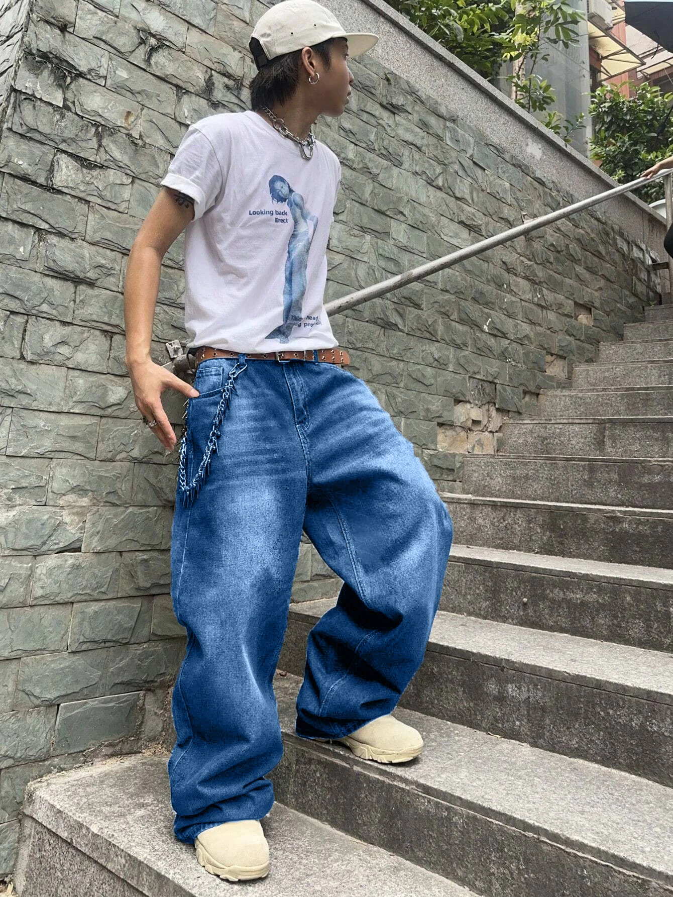 قطعة واحدة من جينز جينز رجالي فضفاض بنمط الهيب هوب - ملابس شارع غير رسمية، أزرق مغسول، بدون حزام/ديكور، مريح وأنيق f