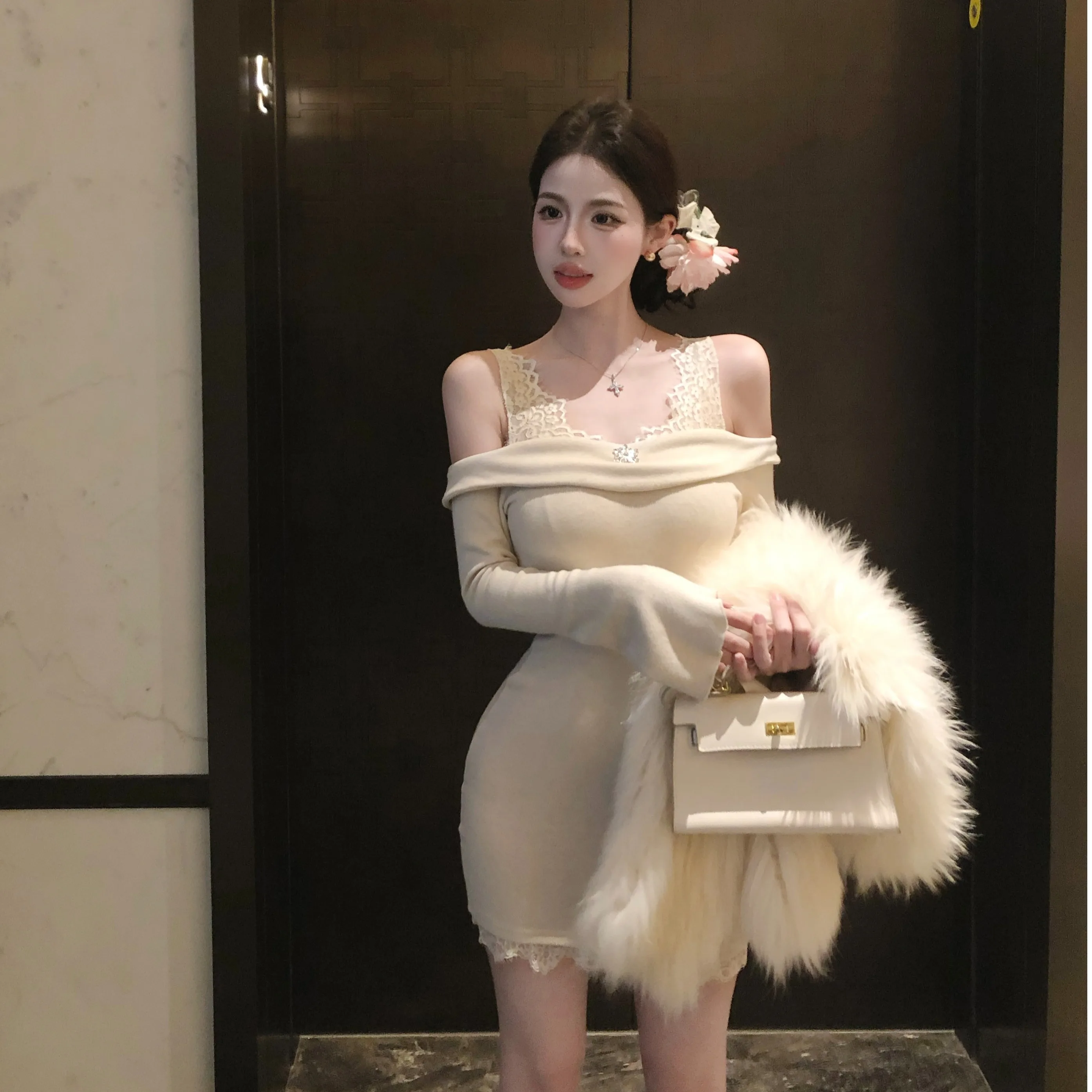 

Ele Knitted Lace oulder Bared Dr Women's High Waist Bodycon Skirt ort Length Slim Fit Long Sve Autumn Winter New