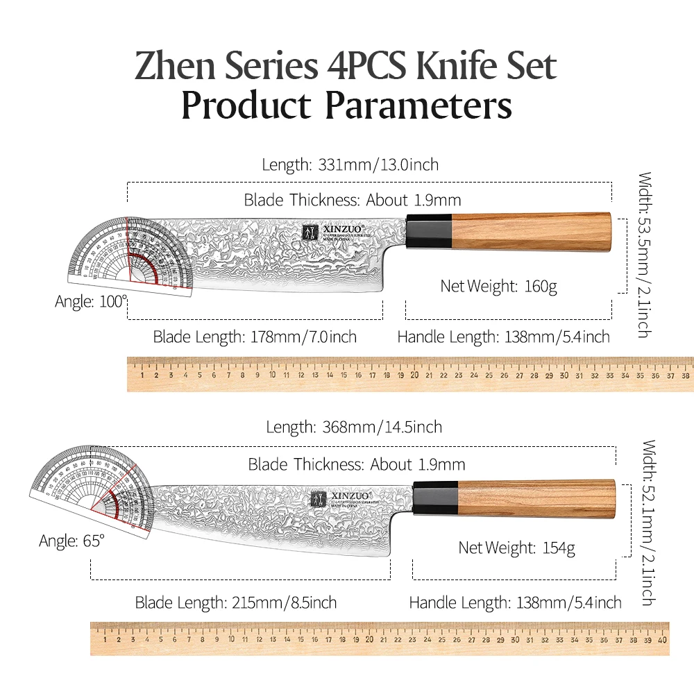 XINZUO 4PCS Kitchen Knife Set Utility Nakiri Santoku Chef Knife Damascus Steel Kitchen Knife Durable Multi-Purpose Knife