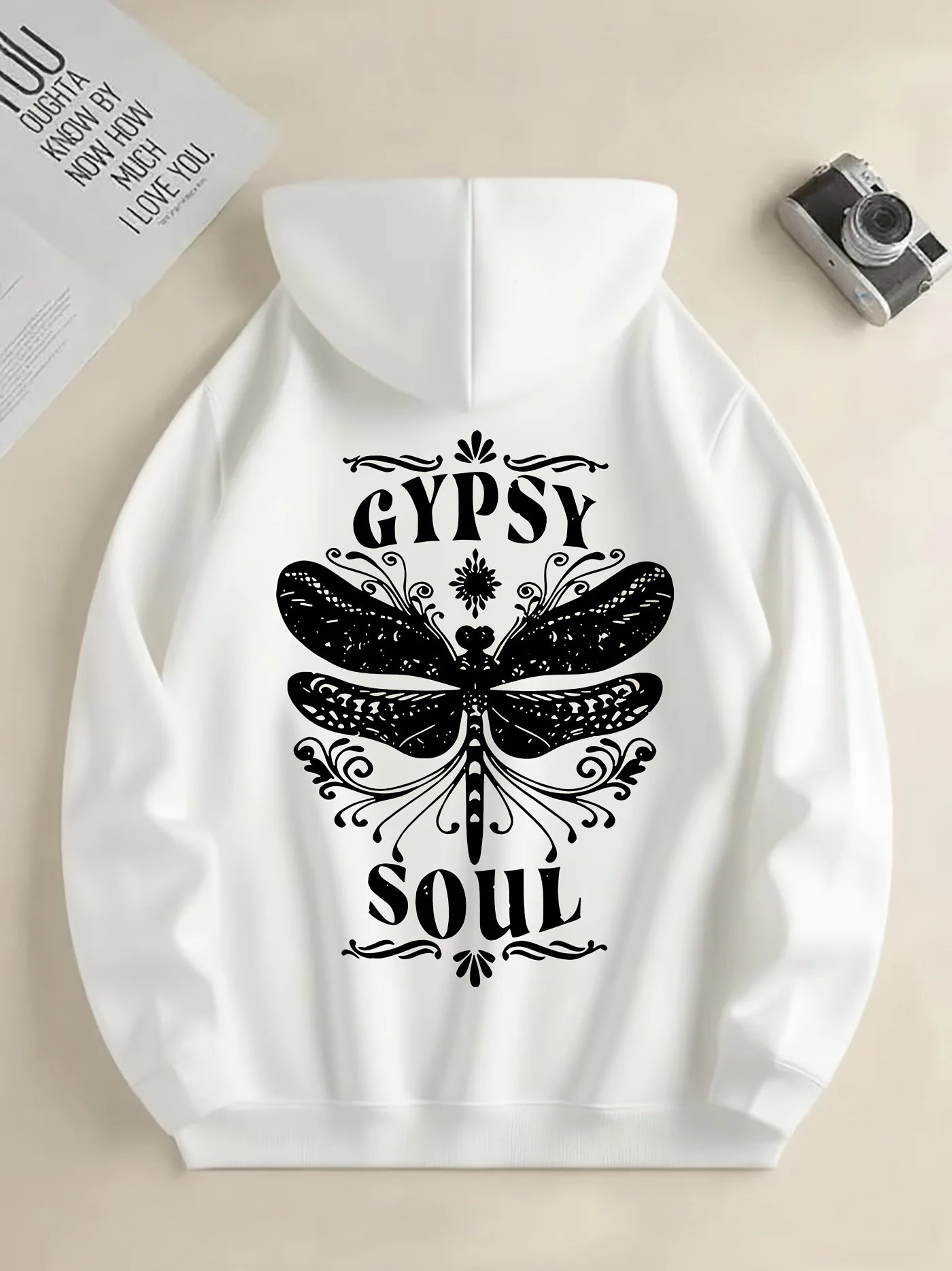 

Beige Hoodie Oversized Gypsy Soul Dragonfly Graphic Boho Vintage Pullover Sweatshirt, Back Printed Patterns, Men Hoodies