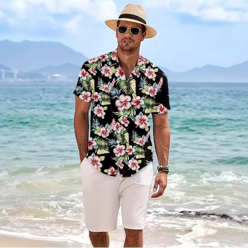 

Korean Style Summer New Fashion Men's Casual Trendy Loose Short Sleeve Turn-down Collar Printed Shirts Male Beach Clothes Tops