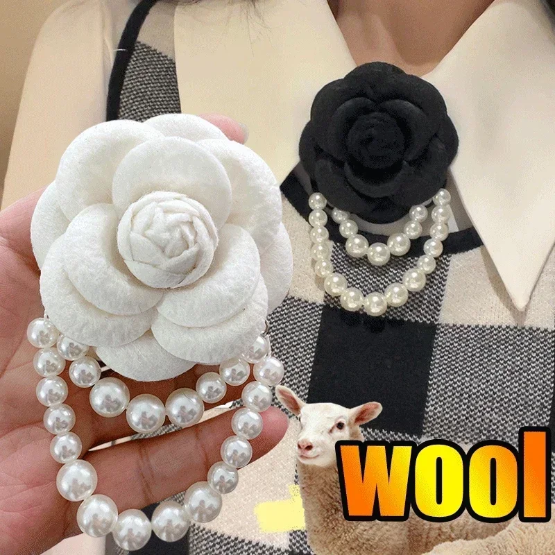 New Korean Wool Camellia Flower Brooch Pins Pearl Tassel Corsage Fashion Jewelry Brooches for Women Shirt Collar Accessories