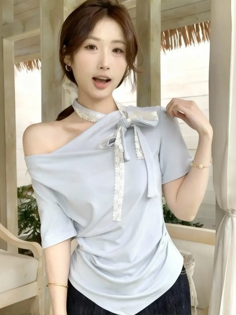 Lace Up Elegant Women's Short sleeve T-Shirt Bow Tie Off Shoulder Summer Top Sweet Youth Design Flat Fitted Tees Casual New