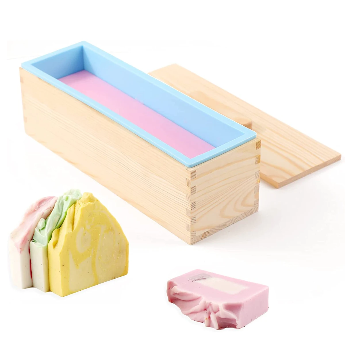 Leeseph Silicone Soap Mold, DIY Soap Making Tools - Flexible Rectangular Loaf Mold Comes with Wood Box and Wooden Cover