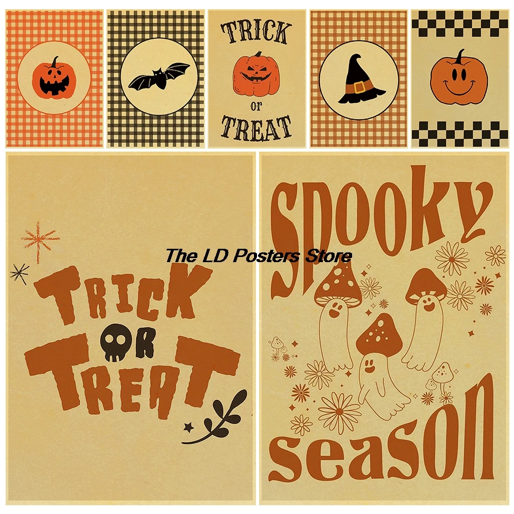 

Halloween Elements Print Posters Nostalgia Cartoon Wall Decor Coffee Art Posters Kraft Paper Art Community Gifts Modern Poster