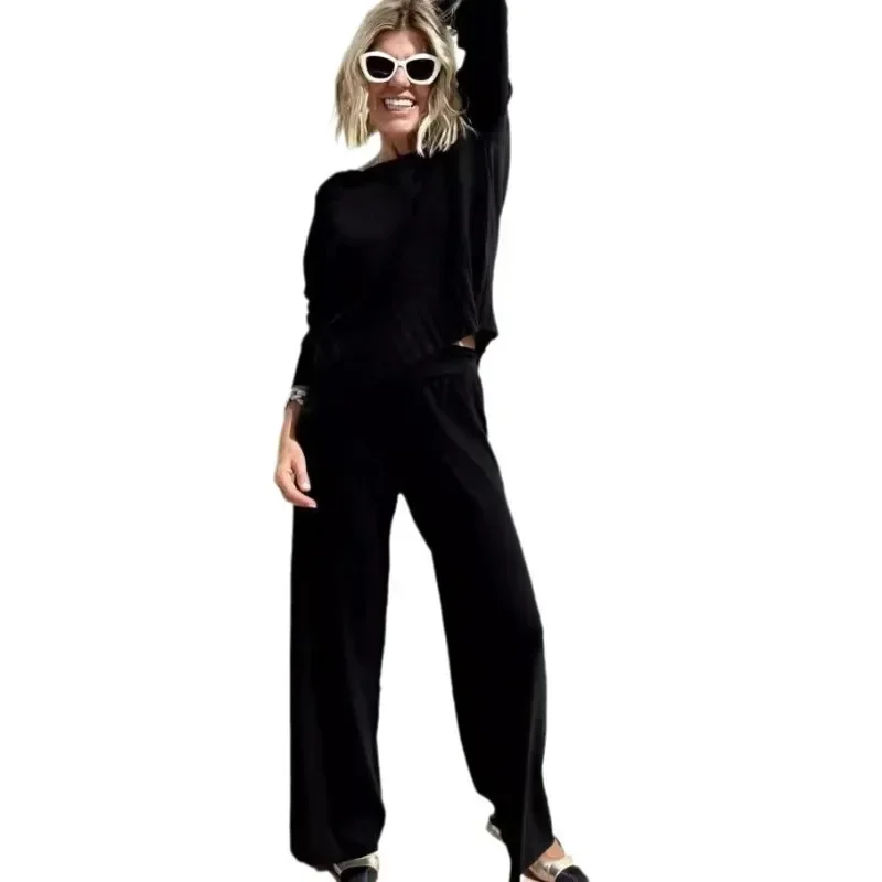 Elegant Autumn Women Knitted Two Piece Set Casual Fashion Long Sleeve Pullover Sweater Wide Leg Pants Suit Outfits Tracksuit