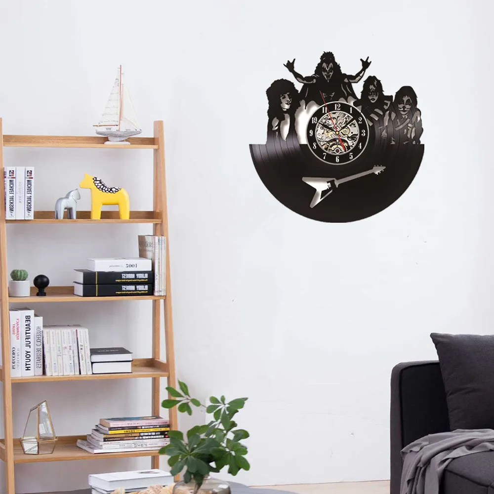 3D KISS Rock Band Hollow Black Vinyl Record Clock Creative Retro Style Vinyl Record Wall Clock