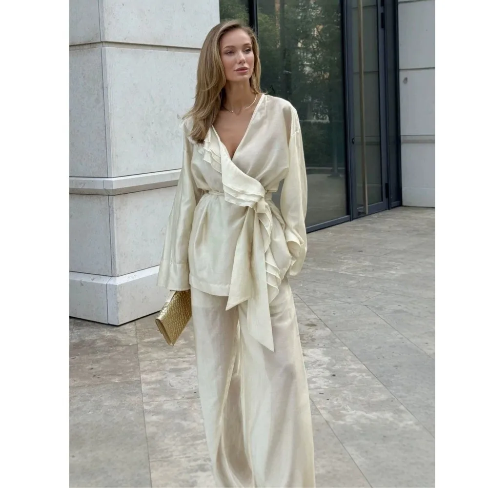 Soft Drape Tencel Women Two Piece Set Wrinkle Free Lightweight Wide Leg Pant Set Relax Fit Ruffle Trim Wrap Front Ruffle Top