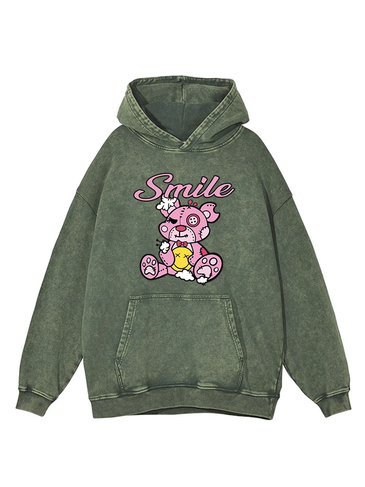 

Smile Cartoon Bear Pattern Print Distressed Cotton Hoodie Women Comfortable Autumn Warm Hoody Fashion Casual Washed Tops Female