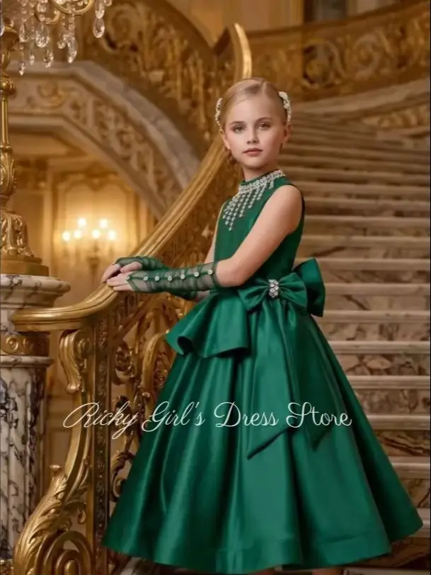 High Neck Girls Satin Birthday Party Ball Gowns With Bow Beaded Kids Girls Party Dress Long Green Flower Girl Dress For Wedding