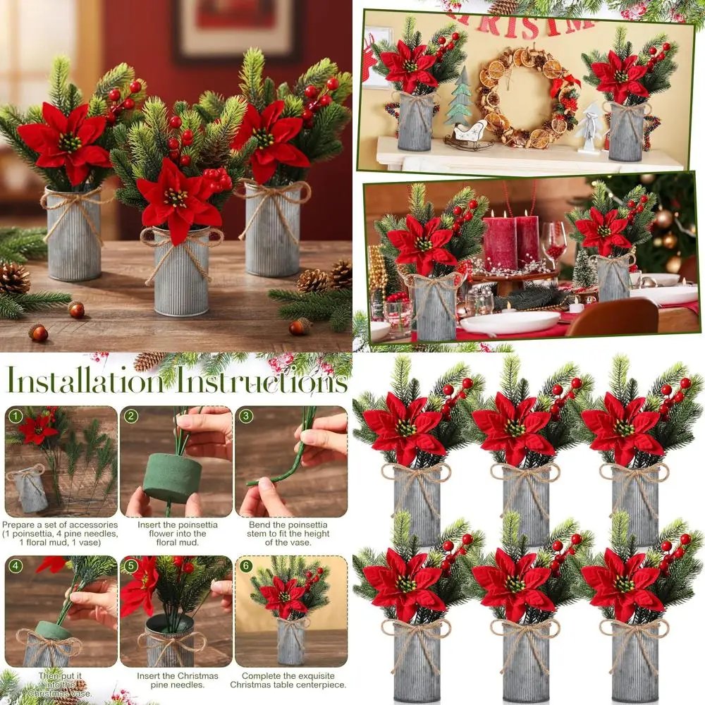 

6 Sets Christmas Tabletop Centerpiece Artificial Poinsettias with Metal Vase Flower Picks Holly Red Berries Stem Pine Needles in