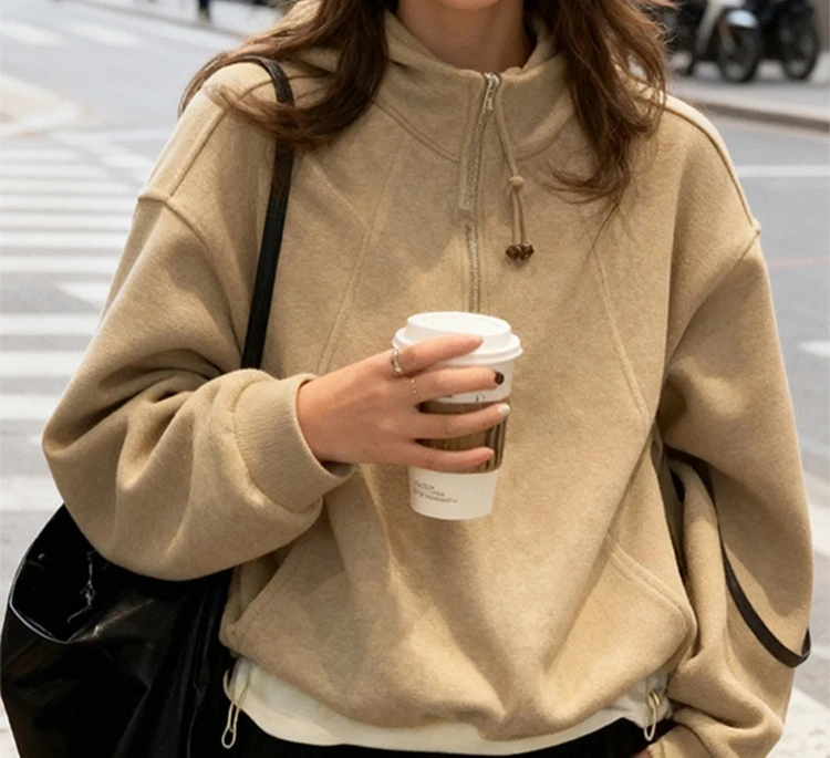 2025 Autumn and Winter New Plush Stand Up Hoodie Loose Half Zipper Women's Top with Drawstring At The Hem