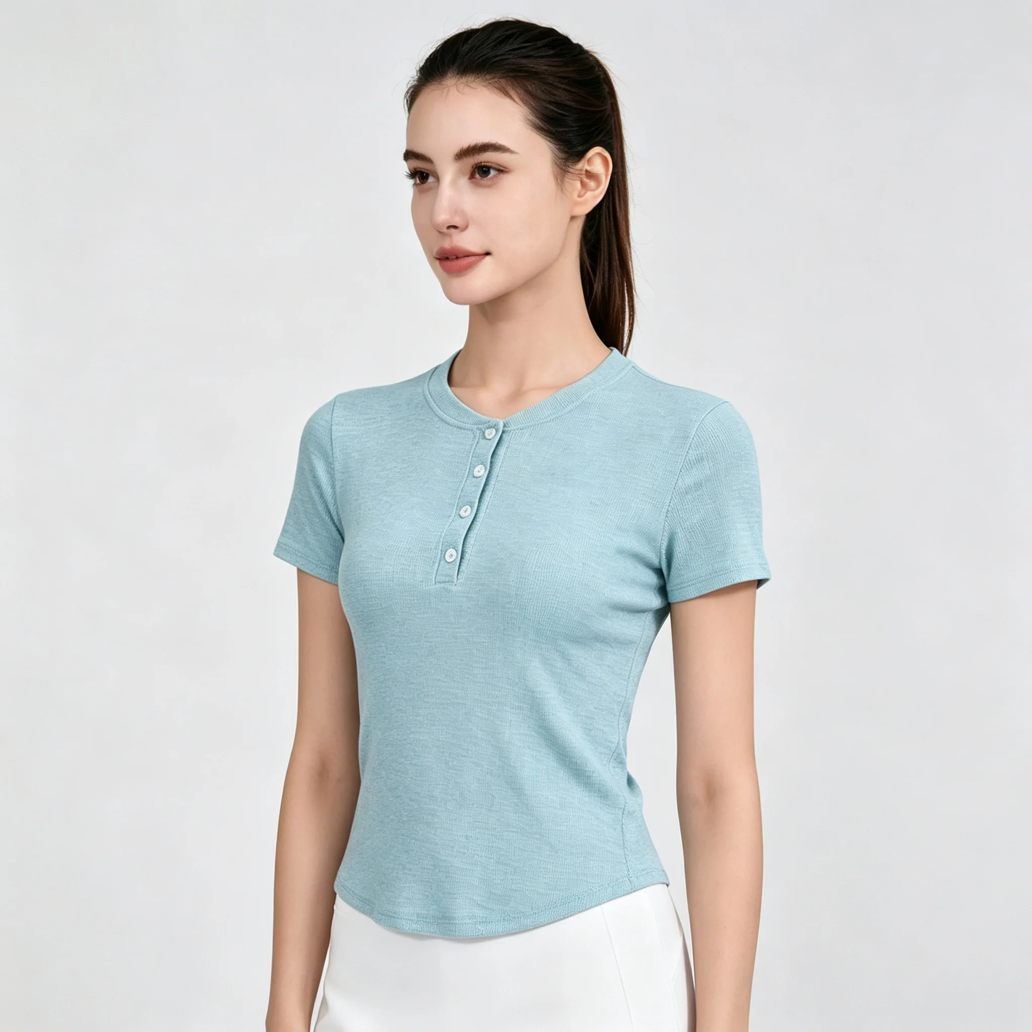Henley Short-Sleeve Hold Tight Ribbed Women's Summer Slim Fit Luxury Sports Fitness Yoga Short T-Shirt