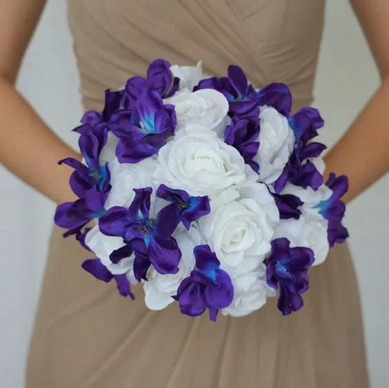 EillyRosia White Roses Blue Purple Galaxy Orchid Bride Holding Flowers Artificial Handmade Wedding Bouquet for Bride New Arrival