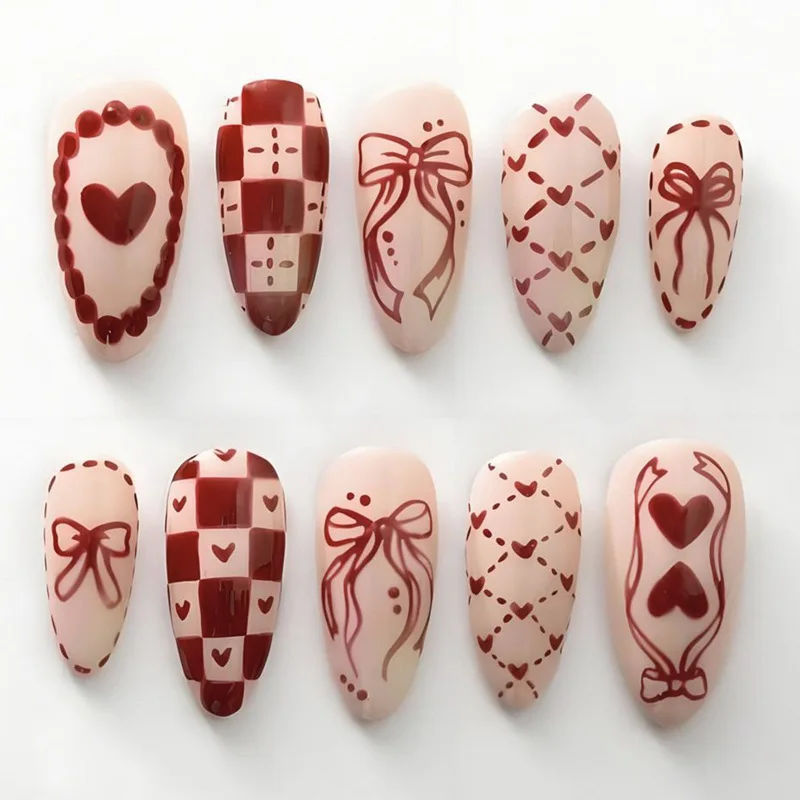 

24PCS Almond Shape Fake Nails with Sweet Red Bow Love Cute Style False Nails French Design Press on Nails for Removable Manicure