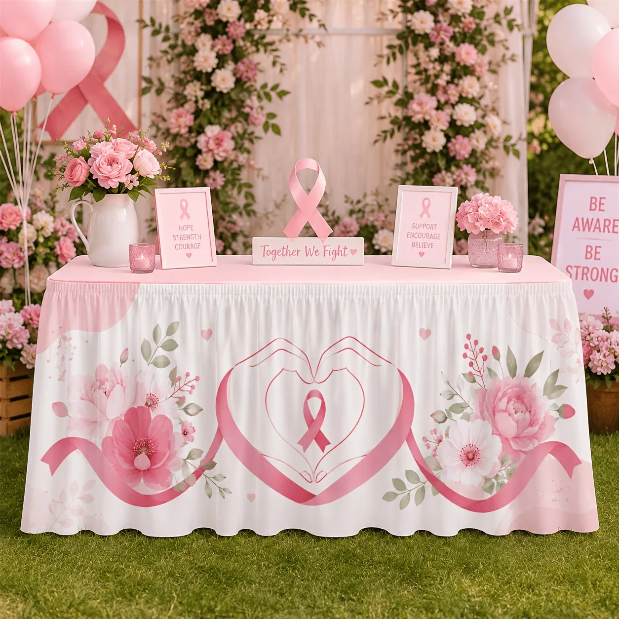One tablecloth table skirt for breast cancer prevention and treatment. Pink ribbon on the palm.xzj