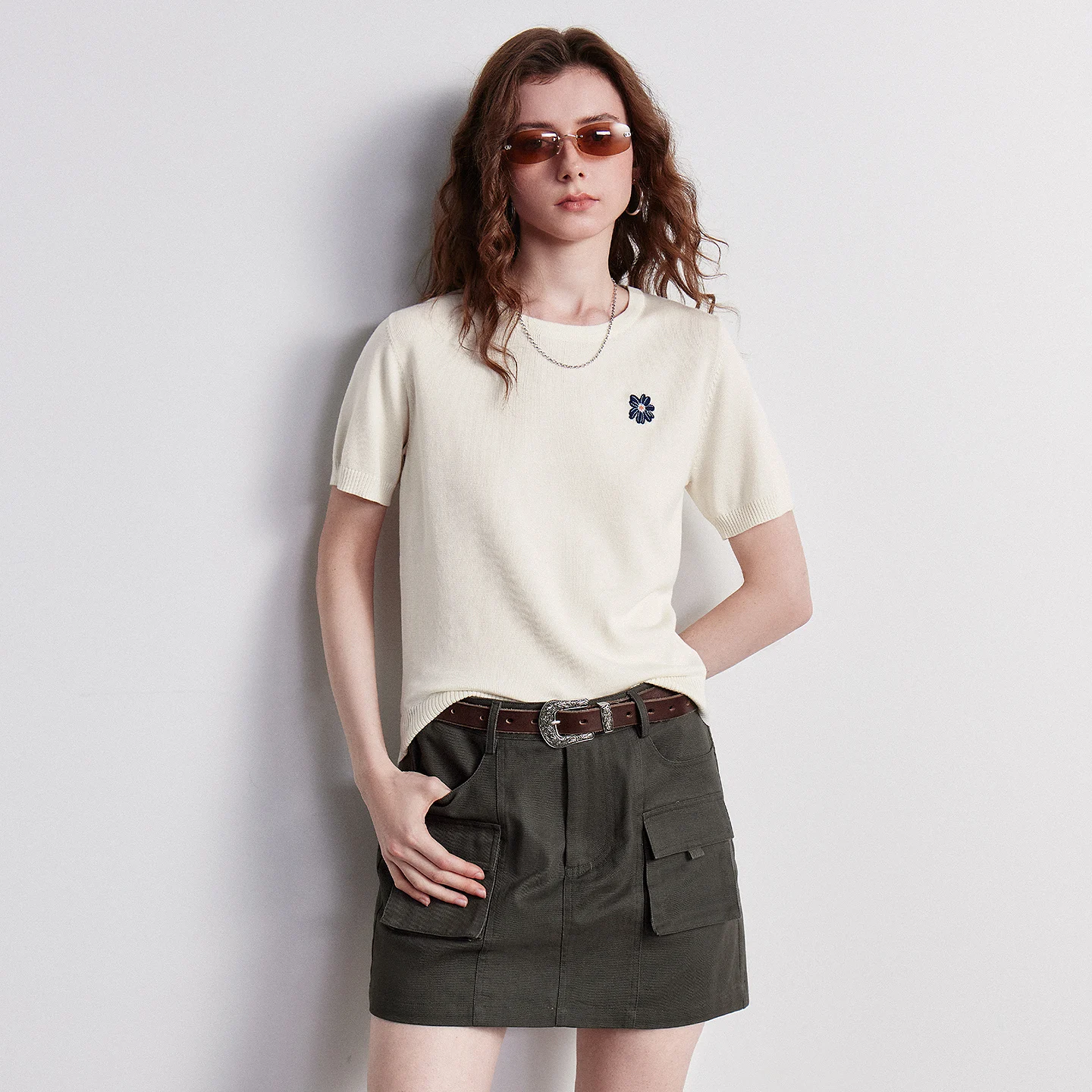 TOYOUTH Women Lyocell Knitwear 2026 Summer New Crew Neck Fit Soft Flower Embroidery Pastoral Style Pullover Tops