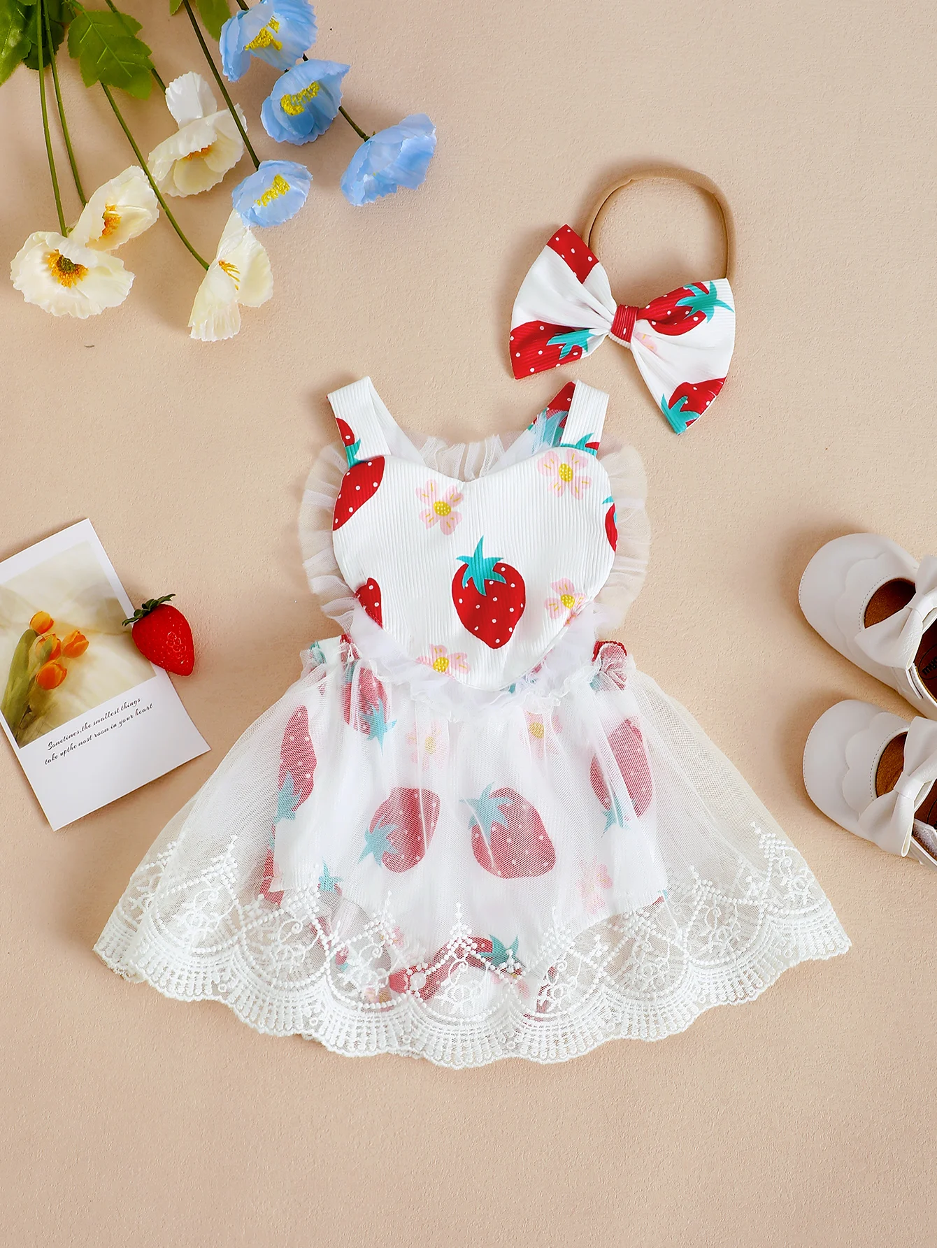 Sommer Erdbeere Druck Baby Mädchen Strampler Kleid mit Kopfbedeckung Säugling Kleinkind Mädchen Kleidung Set