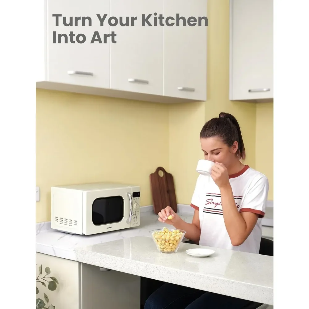 فرن ميكروويف صغير بحجم صغير، 9 قوائم محددة مسبقًا، قرص دوار للذاكرة الموضعية، وظيفة كتم الصوت، 0.7 قدم مكعب/700 وات، كريمي