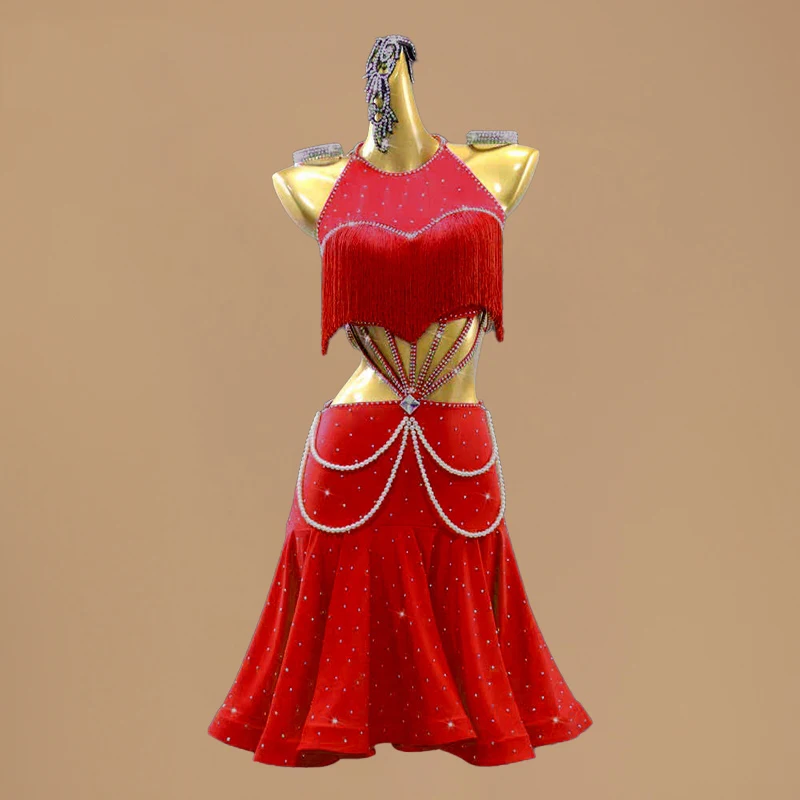 2025年ラテンダンスパフォーマンス衣装 タッセル ラインストーン パールチェーン レッドドレス ガールズ レディース チャチャダンス競技用ドレス L18008