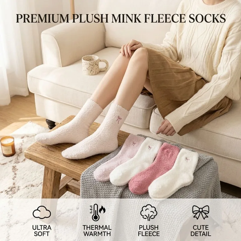 Mid Calf Sleep Socks with Cute Bow Plush Mink Fur Thick Warm for Women Home Cozy Soft Non-Slip Trendy Essential Gift Set
