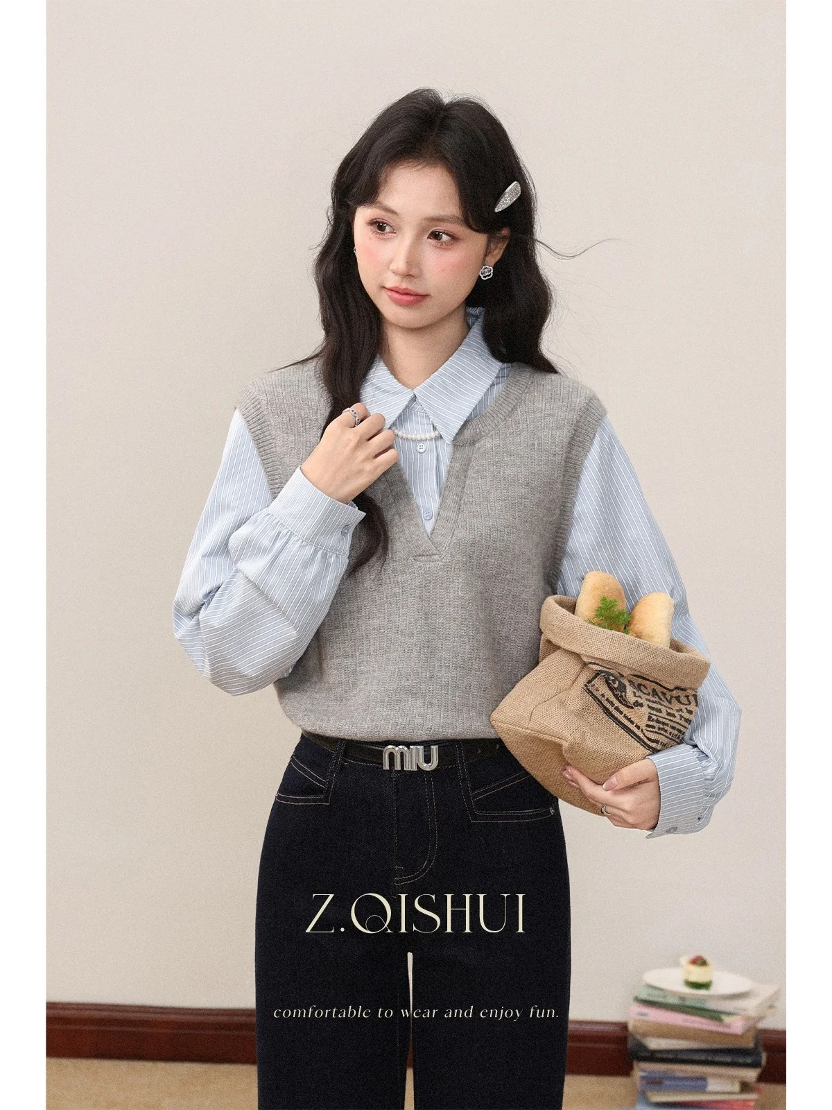 

Осенняя новинка: женская блузка-имитация двойки с длинным рукавом, отложным воротником и свободным кроем, в стиле колледж, с узором.