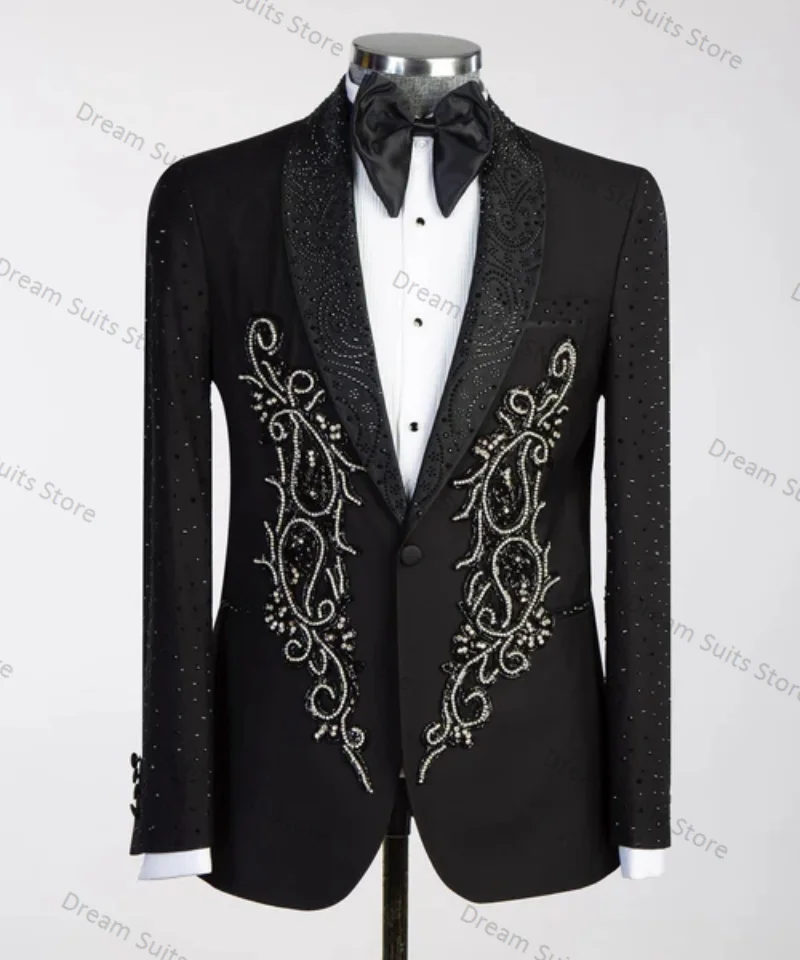 

Black Crystals Men Suits Set 2 Pieces Blazer+Cotton Pants Customized Jacket Luxury Wedding Tuxedo Tailored Made One Button Coat