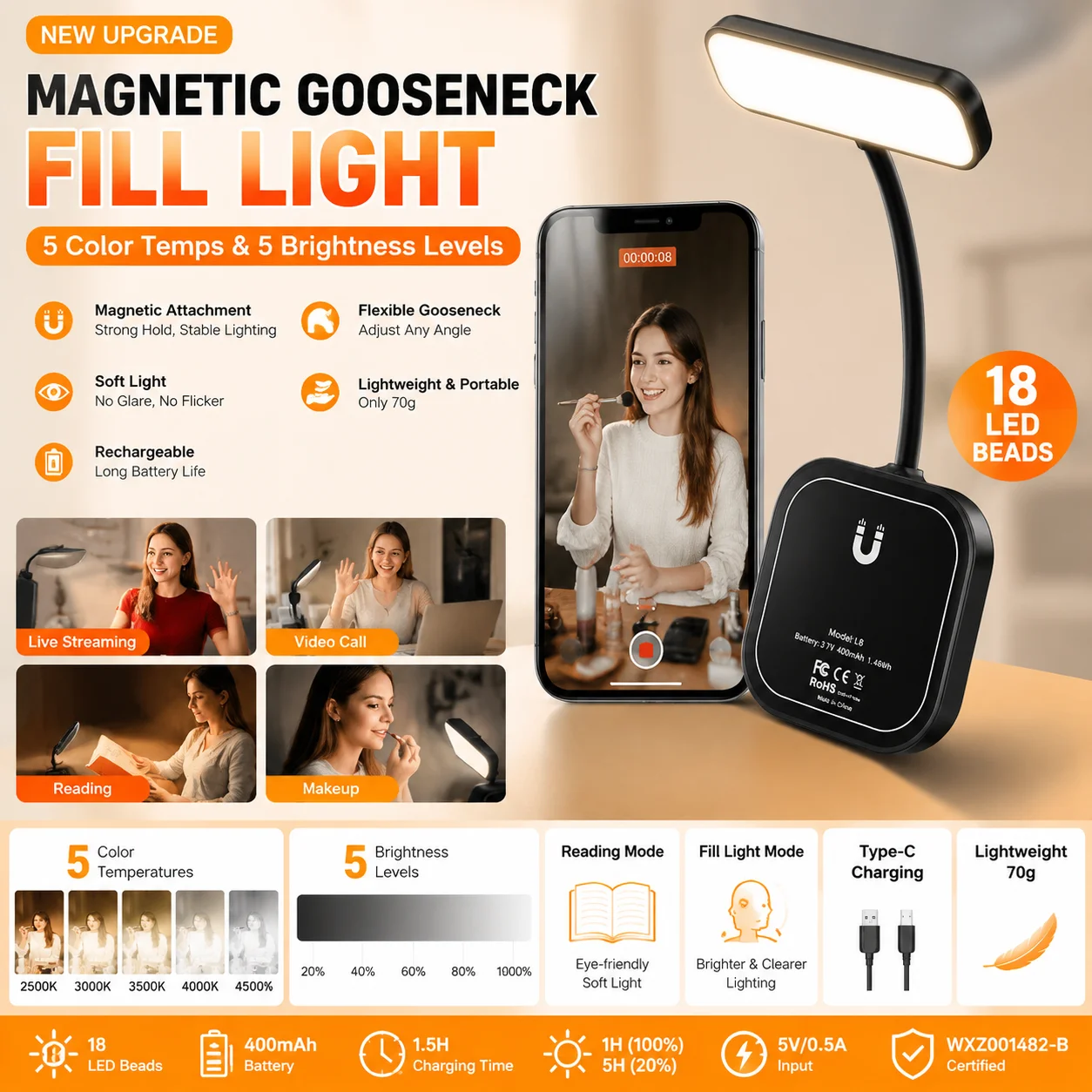 Magnetic Phone Selfie Light 18 LEDs Flexible Gooseneck Fill Lamp Reading Lamp 5 Color Temps Reading Vlog Video Light