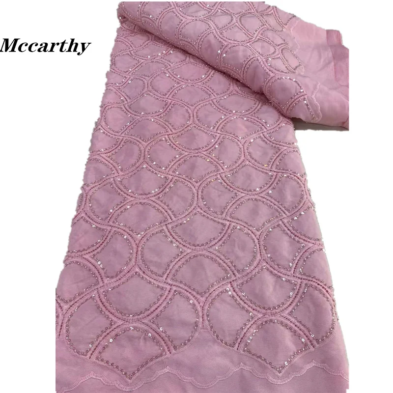 

Mccarthy Pink African Nigerian Lace Fabric 2024 High Quality French Beads Embroidery Tulle Lace Fabric For Party Dress Wedding