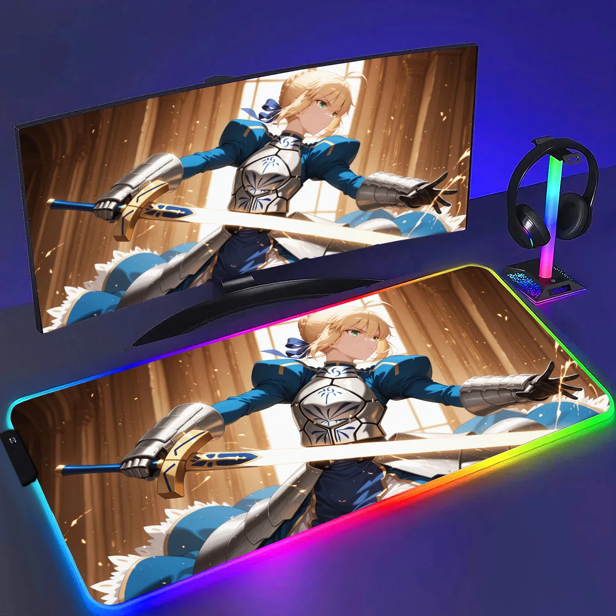 RGB Anime Fate Sabre MousePad E-Sports Laptop Gamer Bureau Mat Accessoires Antislip Computer Gaming Toetsenbord Grote Muismat