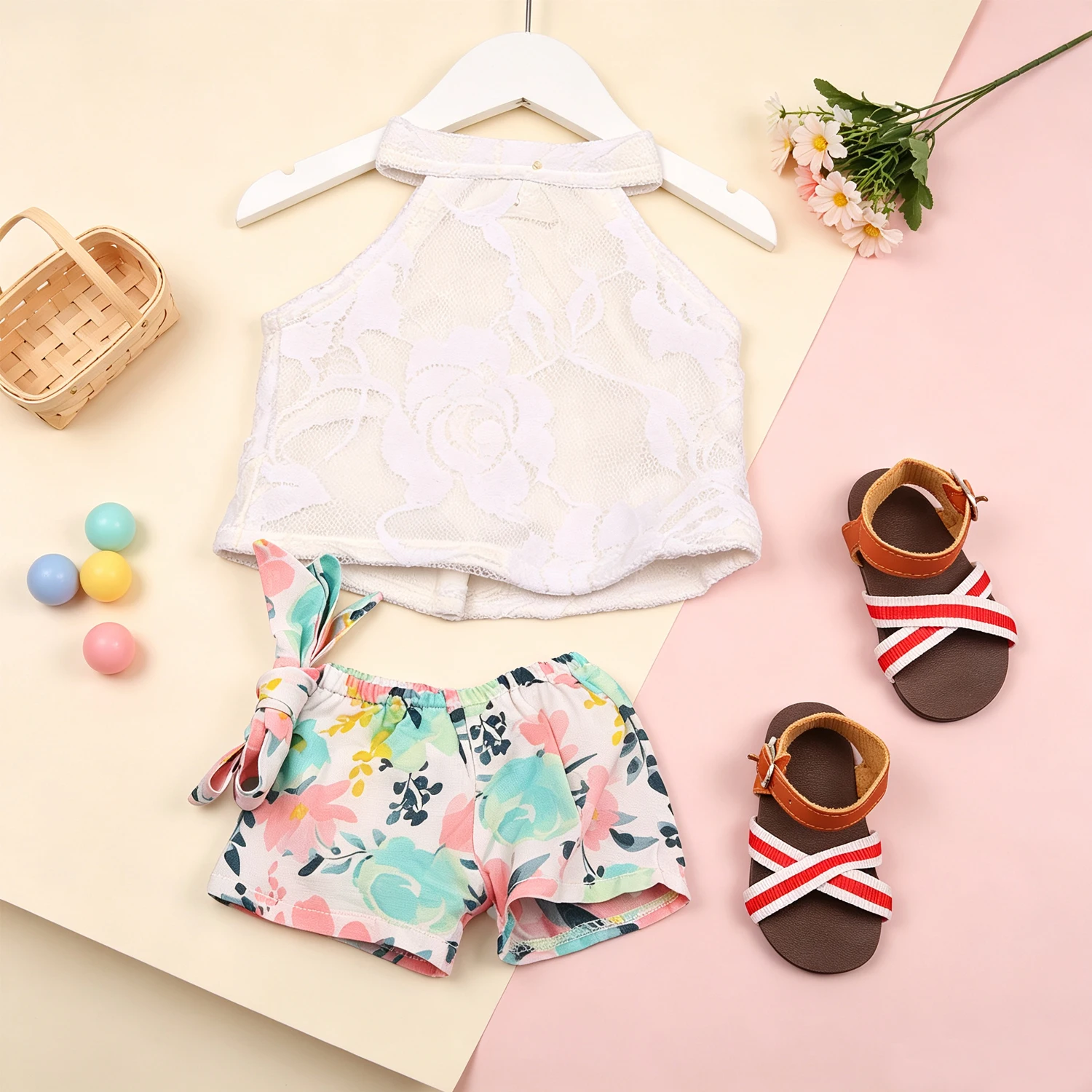 Cute Lace Halter Floral Tie Shorts Doll Clothes Set + Sandals Fashion Accessories for 18-Inch American & OG Girl Dolls Toy Gift