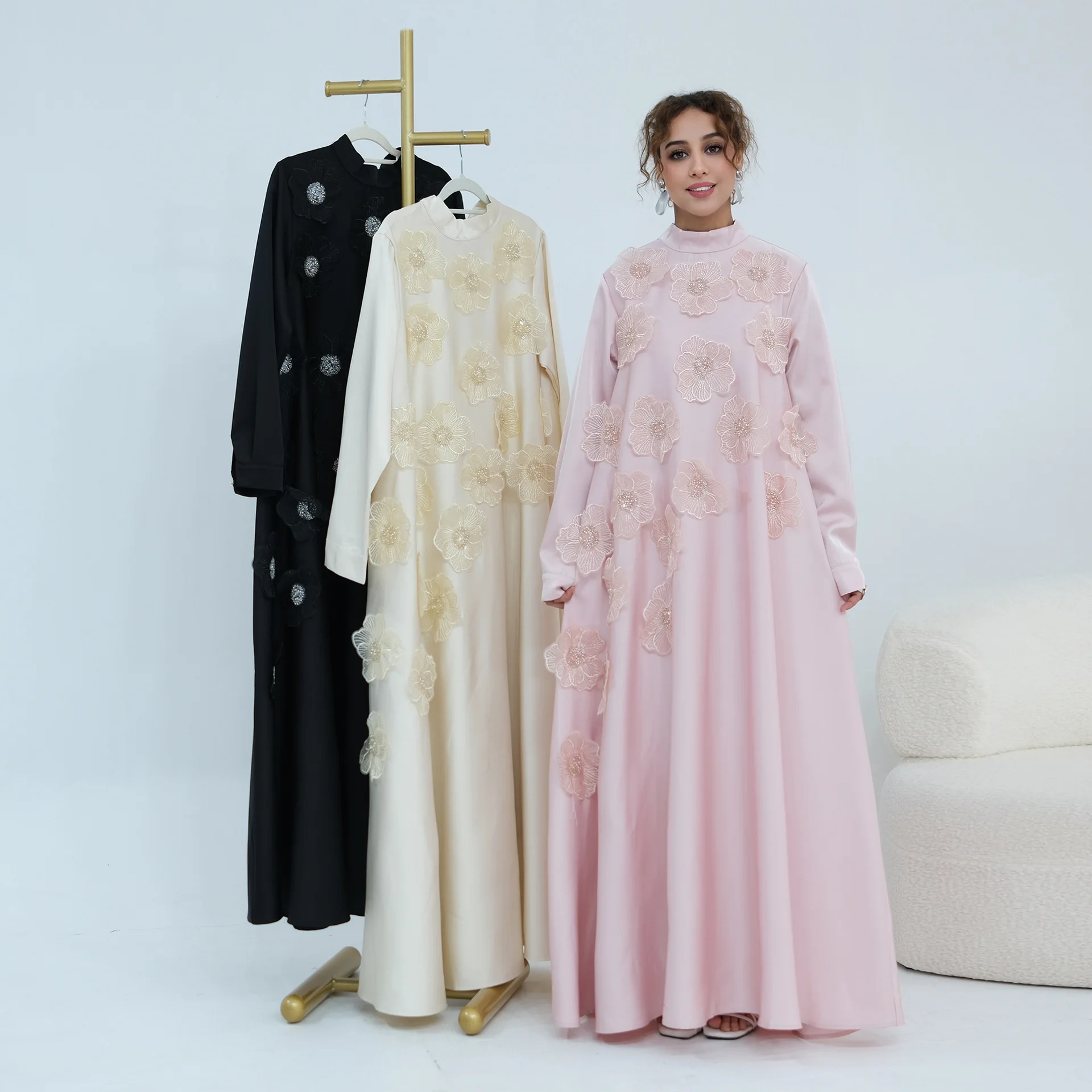 

Eid Dress Abaya Women Muslim Party Dresses Beading 3D Flowers Dubai Islam Vestidos Long Robe Jalabiya Ramadan Morocco Kaftan