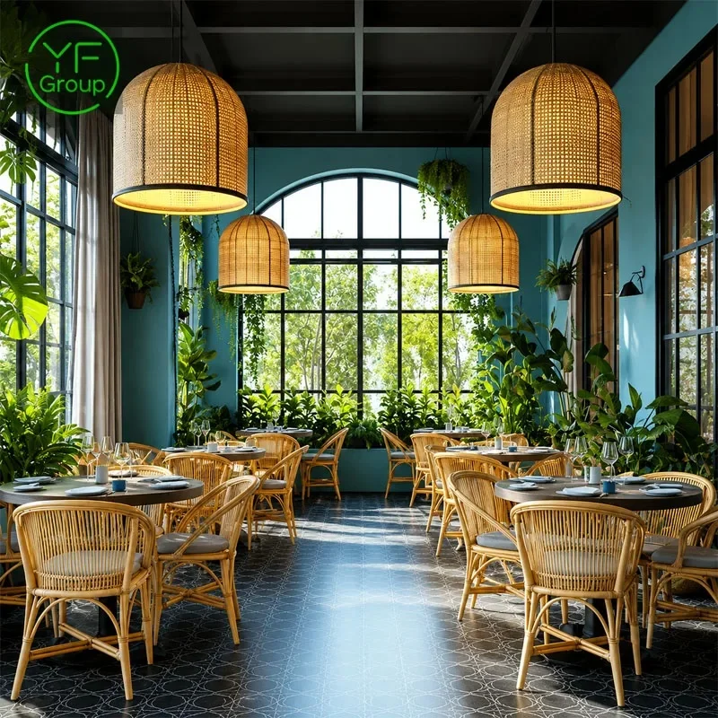 Custom Natural Rattan Restaurant Furniture Set Wooden Booth Seating Round Wood Tables and Chairs for Cafe Bistro Project