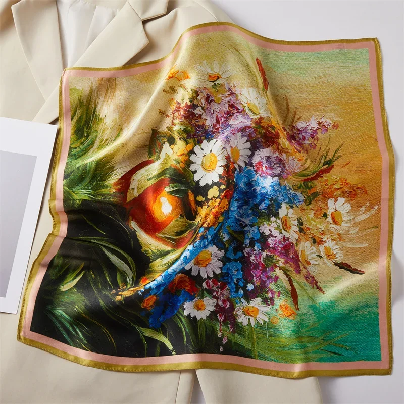 

Green Gold-Vermeil Silk Square Scarf Fashionable Spring Autumn Women's Silk Scarf Versatile Floral Print Wrap for Mom Gift