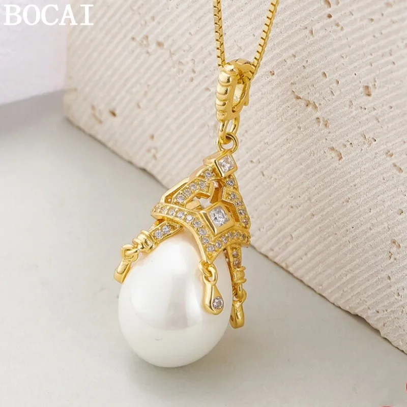 

BOCAI S925 Sterling Silver Charms Pendants for Women Palace Style Mabe Pearl Inlaid Micro Zircon Gold Plated Jewelry Wholesale