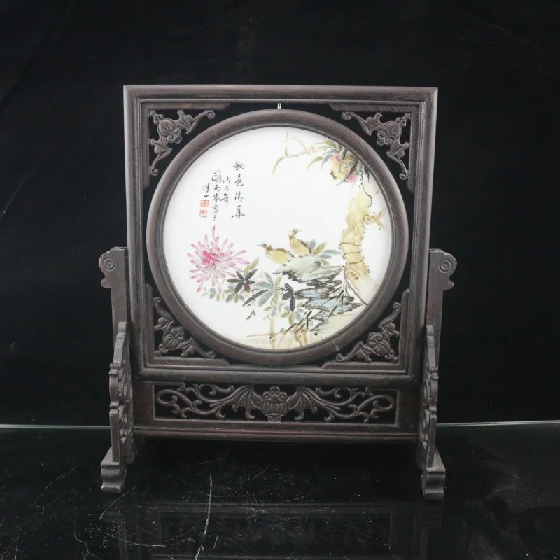 

Republic of China Famille Rose Flower and Bird Pattern Solid Wood Frame Screen Old Goods Antique Antique Furniture Boutique Anti