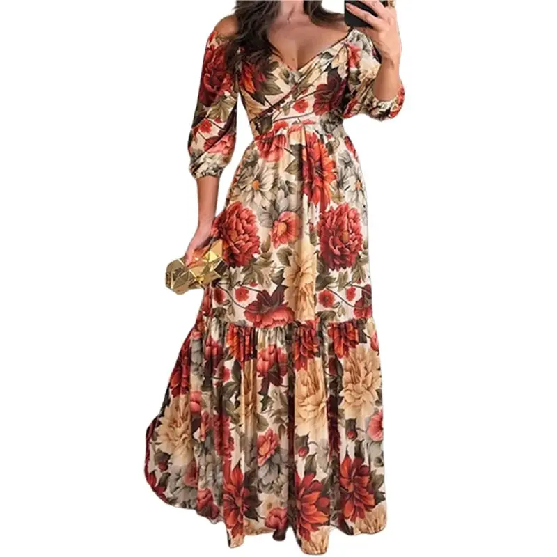 

WOWFU-Весеннее новое элегантное и модное стильное большое свободное платье на шнуровке с v-образным вырезом и принтом