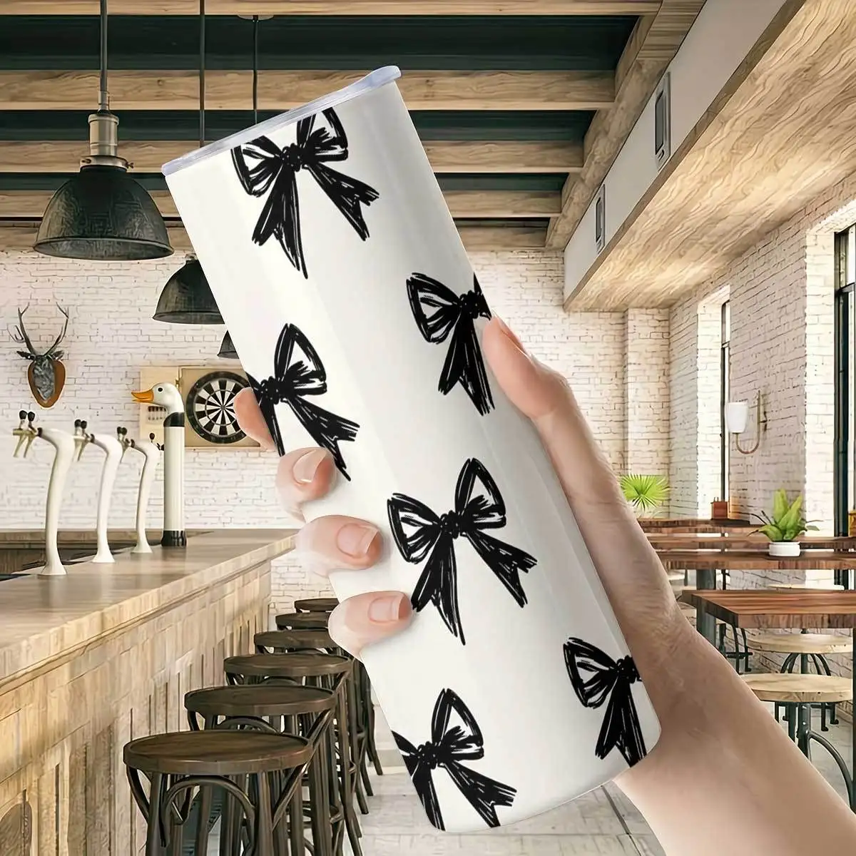 1pc 20oz Black Hand Drawn Bow Knot Pattern Stainless Steel Insulated Tumblers Coffee Office Travel Mug with Lid Cup Daily Use Leakproof And Bpa Free Keep Drink Hot And Cold Ideal Gift for Friends Family Colleagues