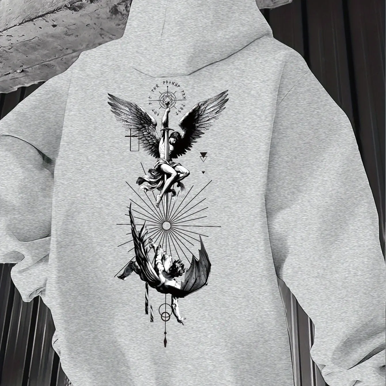Herren St. Michael Erzengel Kapuzenpullover Gothic Engel Grafik Vintage Dark Art Rückendruck Übergroßer Streetwear Herbst Winter – Detail 4