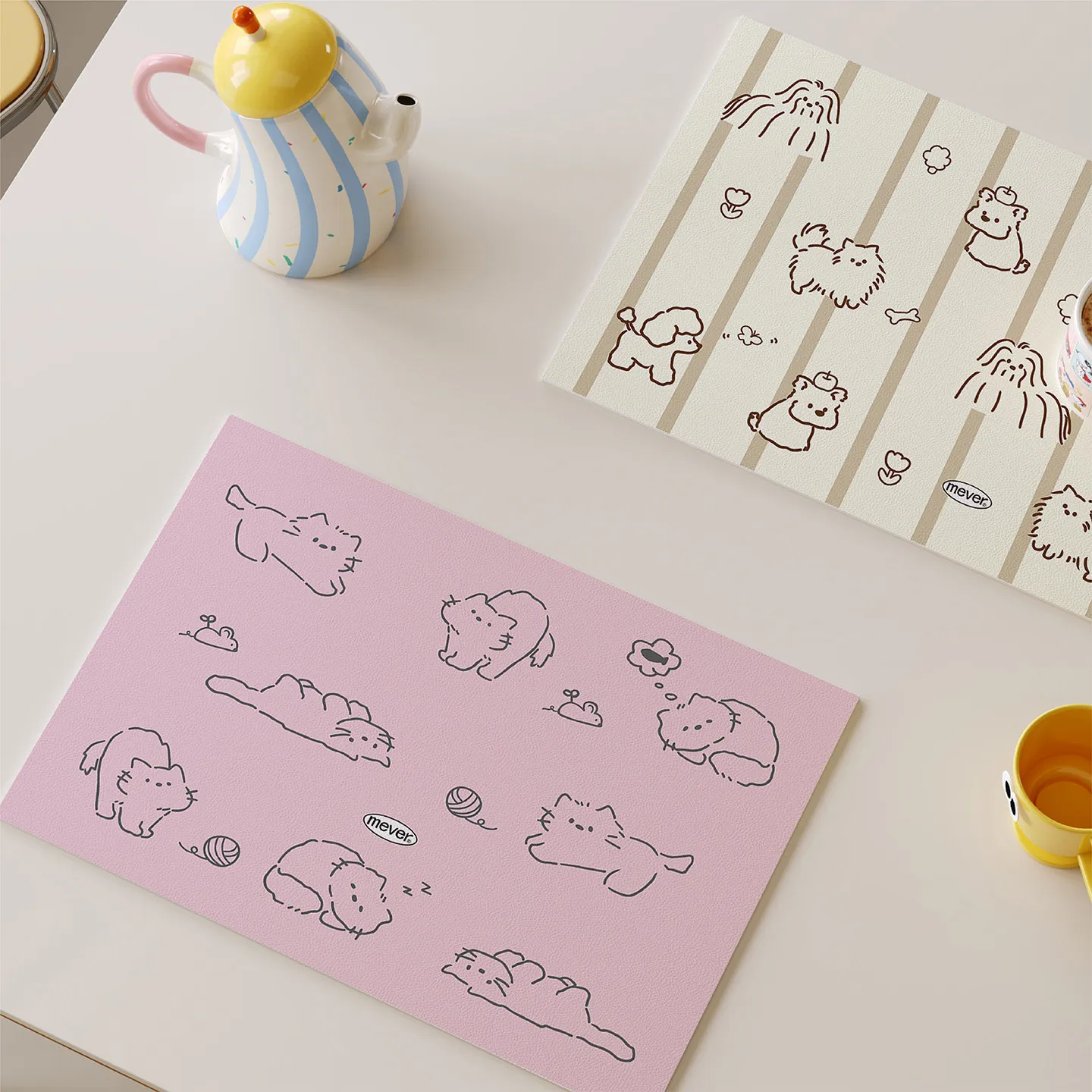 Hand-drawn Illustration Cartoon Tableware Mat,leather Waterproof, Oil-resistant, Heat-resistant Pad, Tableware Cup Drying Mats