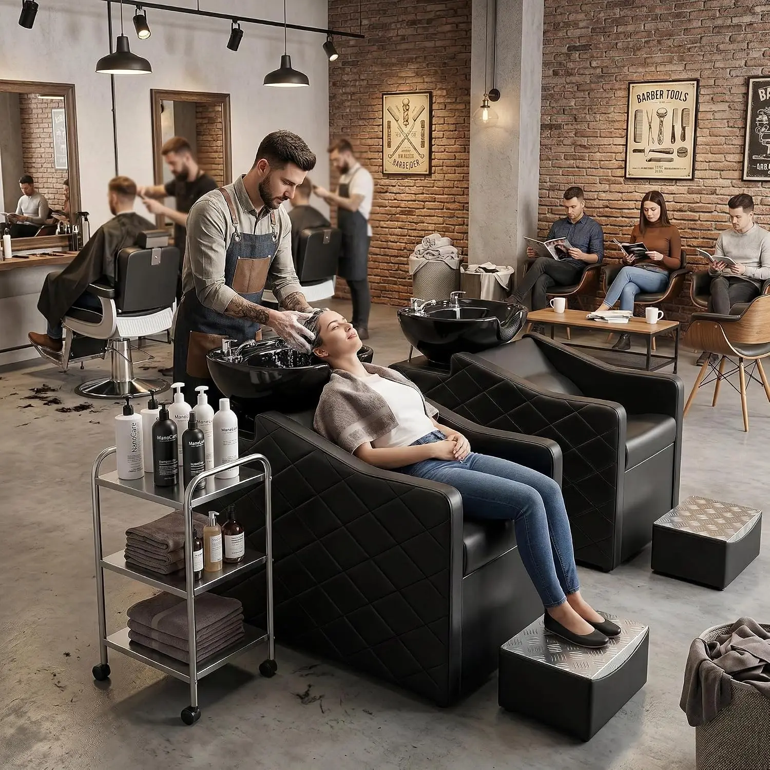 Shampoo Bowl Chair Set for Salon, Hair Washing Station with Footrest and Ceramic Shampoo Bowl Sink for Spa Beauty Stylist Hair